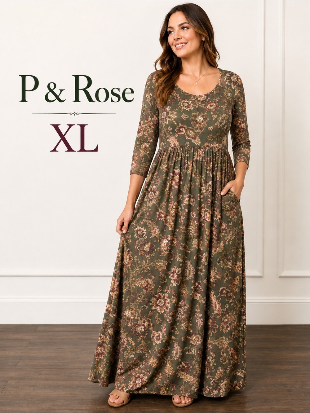 P & Rose XL Olive Floral Paisley Maxi Dress Soft Stretch Pockets